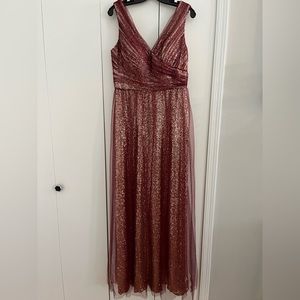 Christina Wu-Mahogany Tulle Rose Gold Sequins V-Neck Full Length Gown